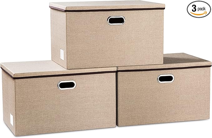PRANDOM Extra Large Collapsible Storage Bins with Lids [3-Pack] Linen Fabric Foldable Storage Baskets Boxes Organizer Containers Cube with Cover for Bedroom Closet Office Nursery (22.8x15.75x13.8)