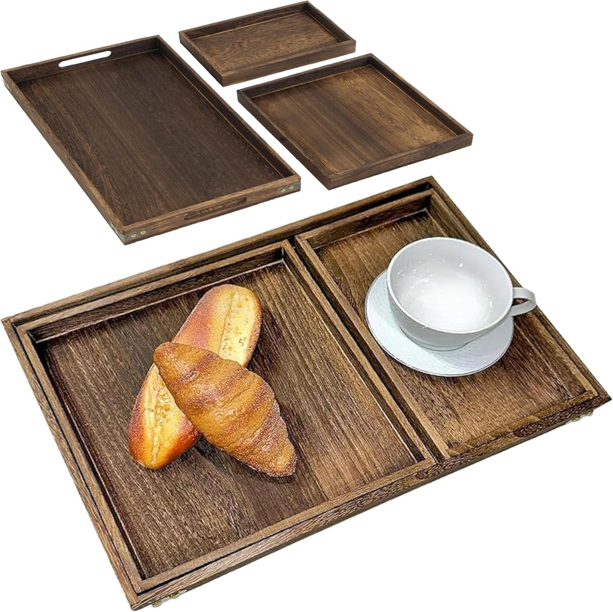Rustic Wooden Serving Trays with Handle, Serving Platters, Charcuterie Board Set of 3 Nesting Food Trays for Serving Food