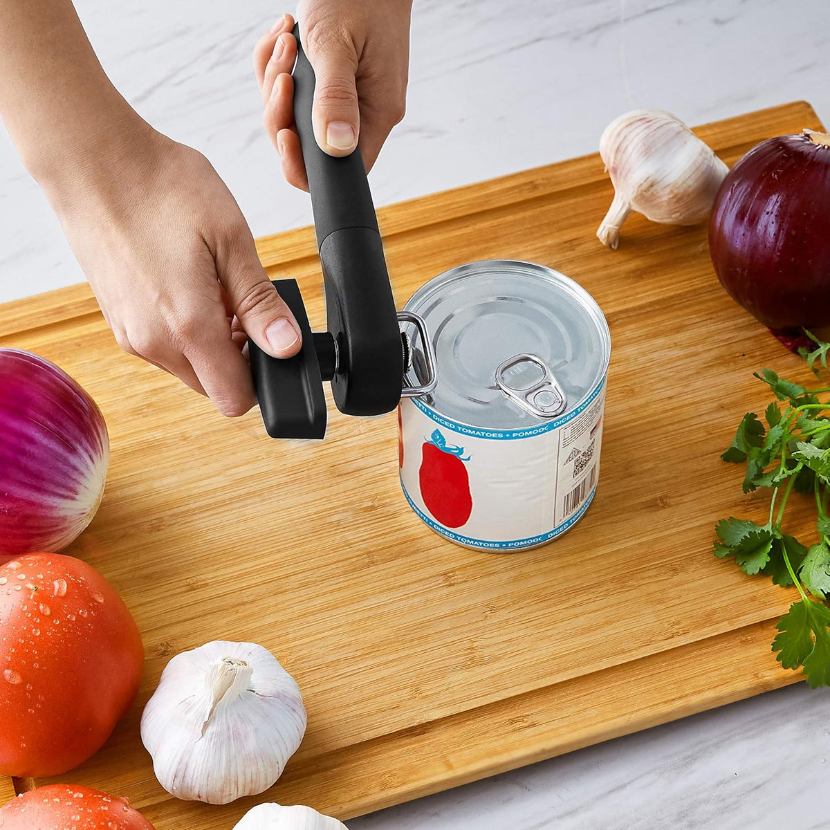 Manual Can Opener, Hand Held, Black Soft Grip Single Handle, Large