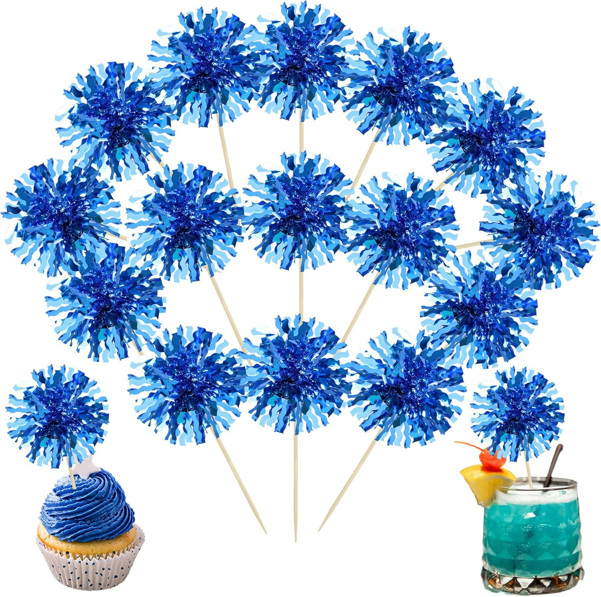Ephlyn 30Pcs Foil Firework Cupcake Toppers Blue Tinsel Flower Drink Stirrers Cocktail Food Fruit Cake Toppers for Valentine's Day Party Decorations