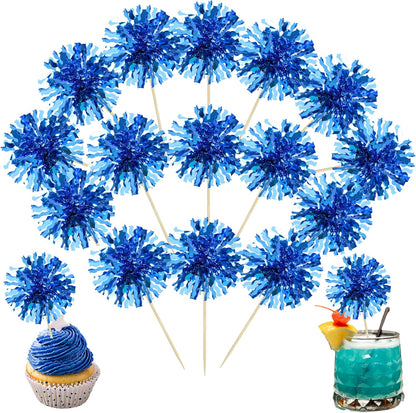 Ephlyn 30Pcs Foil Firework Cupcake Toppers Blue Tinsel Flower Drink Stirrers Cocktail Food Fruit Cake Toppers for Valentine's Day Party Decorations