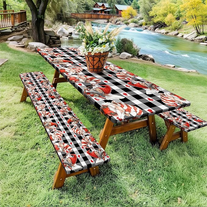 Valentine's Day Picnic Table Cover with Bench Covers, Camping Essentials, Valentines Decor Waterproof Windproof, Fitted Tablecloth Cover with Elastic Edge, Outdoor Table Covers, 3 PCS, 30x60 Inch