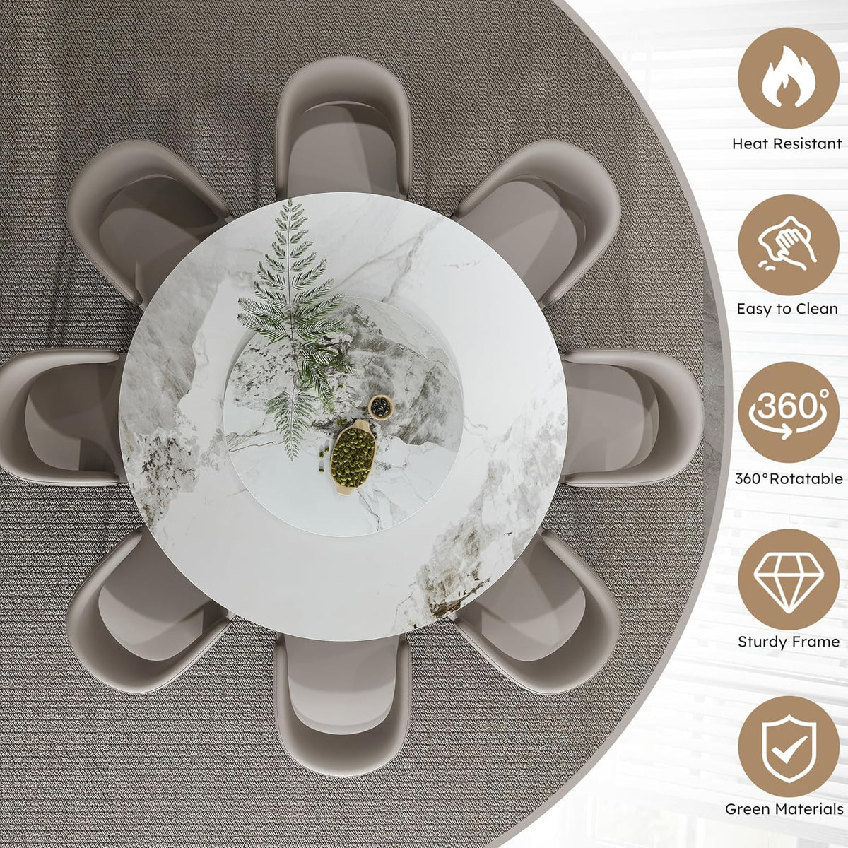 Montary 9 Piece Dining Table Chairs Set, Modern Dining Table Set of 8, Includes 59" D Marble Round Table with Black Metal Cone Base, 8 Gray Texture Dining Chairs for Home, Kitchen