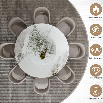 Montary 9 Piece Dining Table Chairs Set, Modern Dining Table Set of 8, Includes 59" D Marble Round Table with Black Metal Cone Base, 8 Gray Texture Dining Chairs for Home, Kitchen
