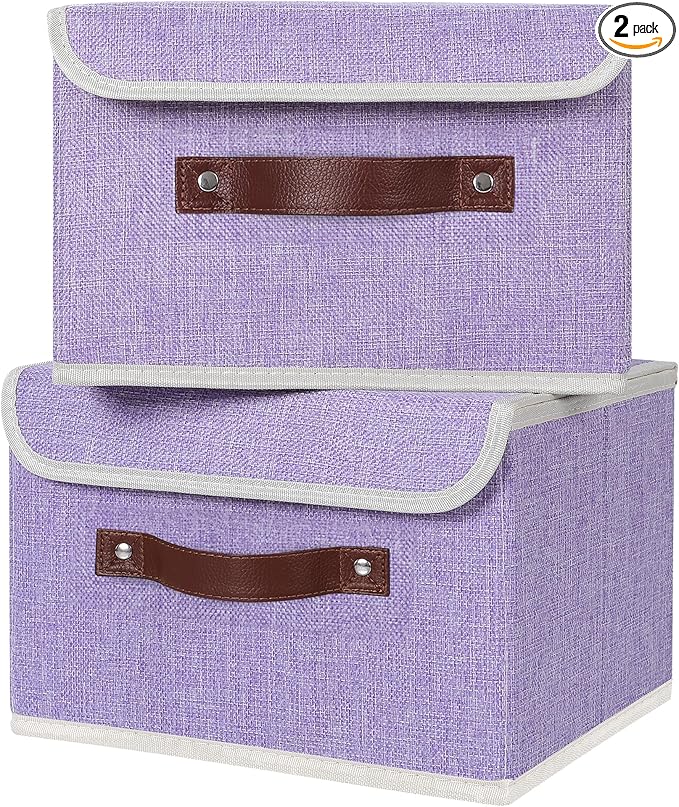 ANMINY 2PCS Storage Bins with Lid PU Leather Handles Storage Boxes PP Plastic Board Decorative Foldable Lidded Cotton Linen Fabric Home Cubes Baskets Closet Organizer Containers - Purple, Small Size