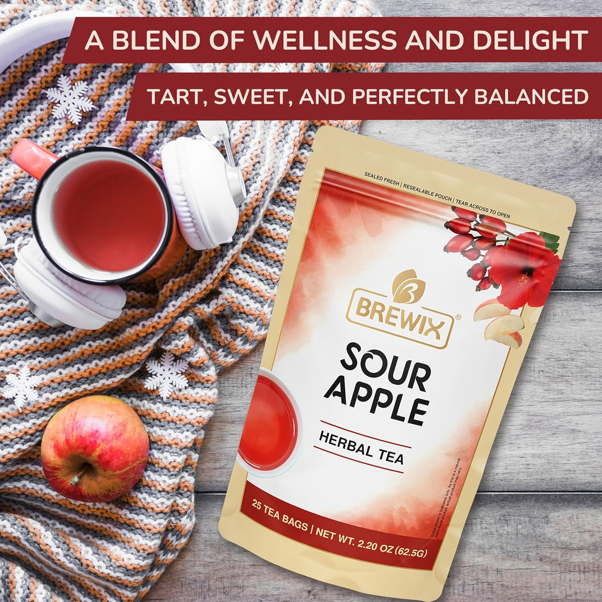 Brewix, Sour Apple Hibiscus Tea Bags (25 Pyramid Tea Bags) Caffeine-Free Herbal Tea, Apple, Hibiscus, Rosehip, Refreshing Wellness Brew for Any Mood