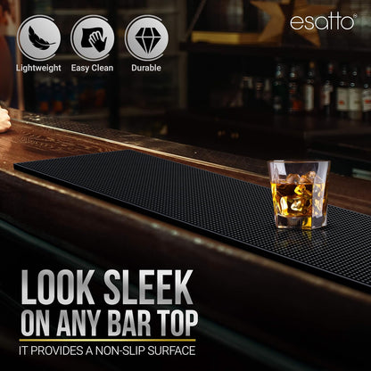 Esatto 23.375” x 7.75” Double Width Professional Spill Bar Supply Mat Bartender Non-Slip Black Bar Mat Coffee Drinks Mixing Pad for Bars, Home, Kitchen, Restaurants (2 Pack, Black)