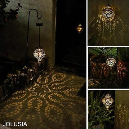 Moroccan Solar Lanterns Outdoor Waterproof Bronze Hanging Lanterns Outdoor Ramadan Garden Decor Gardening Gifts for Women Mom Grandma Solar Lights for Patio, Pathway, Yard, Porch, Backyard.