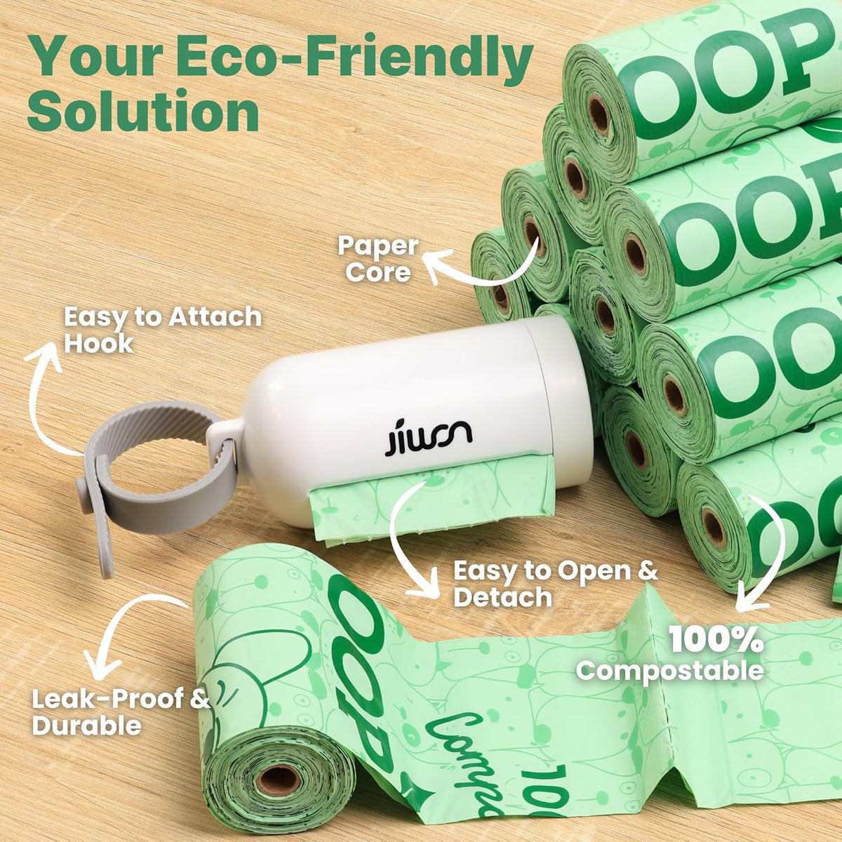 JIWON Dog Poop Bag Dispenser with 100% Compostable Refill Roll, Thick & Leakproof, Plant-Based, Fits Any Leash, 1 Dispenser and 15 Bags (1 Roll), Unscented