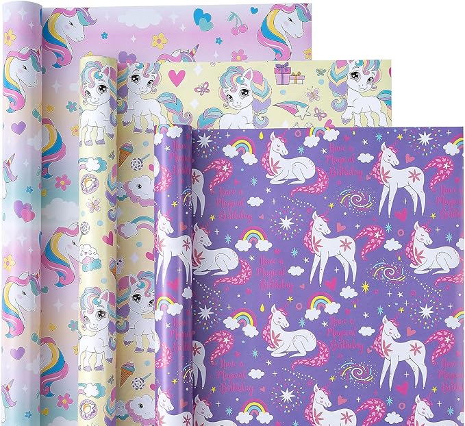 WRAPAHOLIC Unicorn Birthday Wrapping Paper Roll - 3 Short Roll - Rainbow Unicorn Wrapping Paper for Kids Boys Girls Birthday, Baby Shower - 17 Inch x 120 Inch Per roll