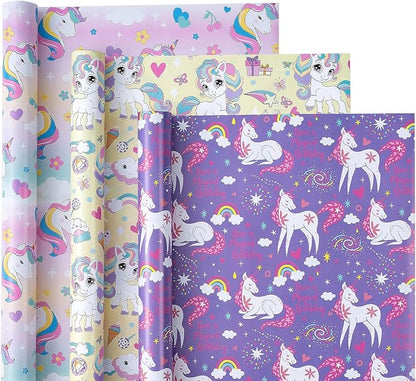 WRAPAHOLIC Unicorn Birthday Wrapping Paper Roll - 3 Short Roll - Rainbow Unicorn Wrapping Paper for Kids Boys Girls Birthday, Baby Shower - 17 Inch x 120 Inch Per roll