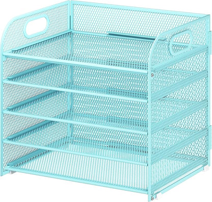 Cawukege 5 Tier Paper Organizer with Handle, Blue Metal Mesh Desk Organizer File Folder Paper Letter Tray Desktop Document Sorter for Classroom, School, Office Accessories Organization and Storage