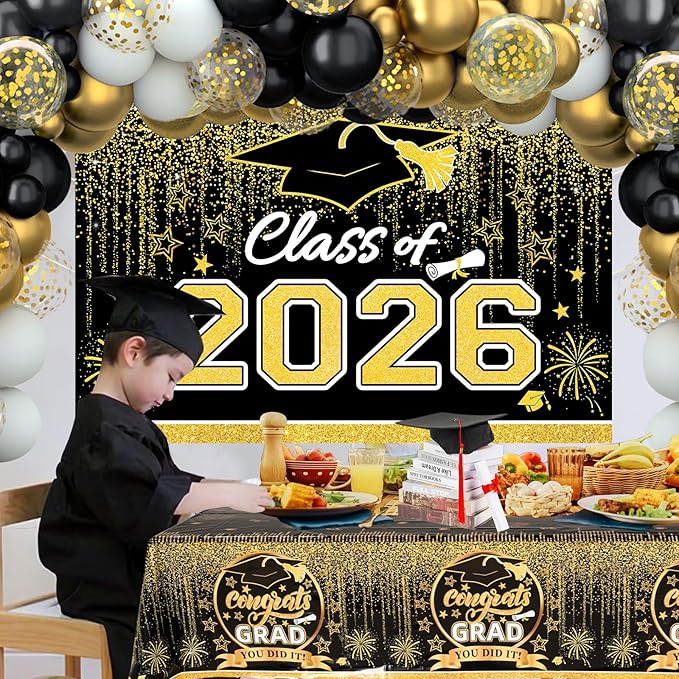 Graduation Decorations 2026, Black and Gold Balloon Garland Arch, Black and Gold Graduation Decorations with Congrats Grad Tablecloth and Class of 2026 Backdrop for High School College Grad Party