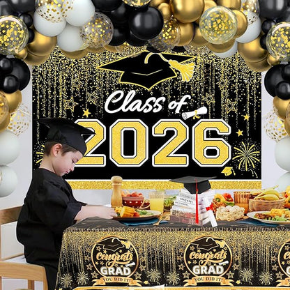 Graduation Decorations 2026, Black and Gold Balloon Garland Arch, Black and Gold Graduation Decorations with Congrats Grad Tablecloth and Class of 2026 Backdrop for High School College Grad Party
