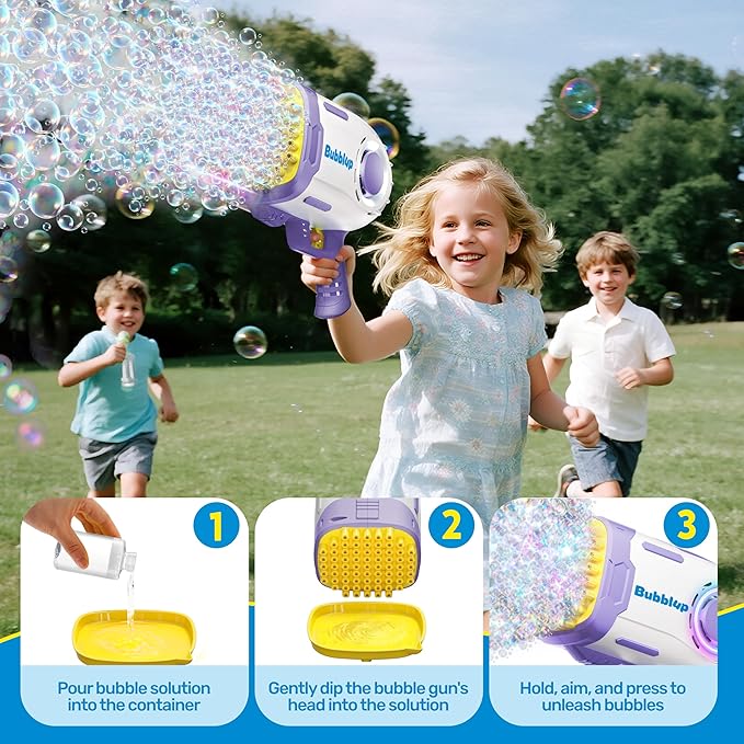 Play-Act 69 Holes Bubble Machine Guns Toys, Bazooka Rocket Shape Bubble Gun for Kids Adults, Colored Lights Blaster Blower with Solution Outdoor, Summer Toys, Party Favors, Wedding, Birthday