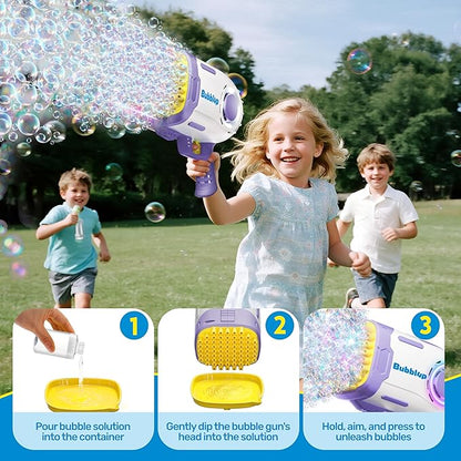 Play-Act 69 Holes Bubble Machine Guns Toys, Bazooka Rocket Shape Bubble Gun for Kids Adults, Colored Lights Blaster Blower with Solution Outdoor, Summer Toys, Party Favors, Wedding, Birthday