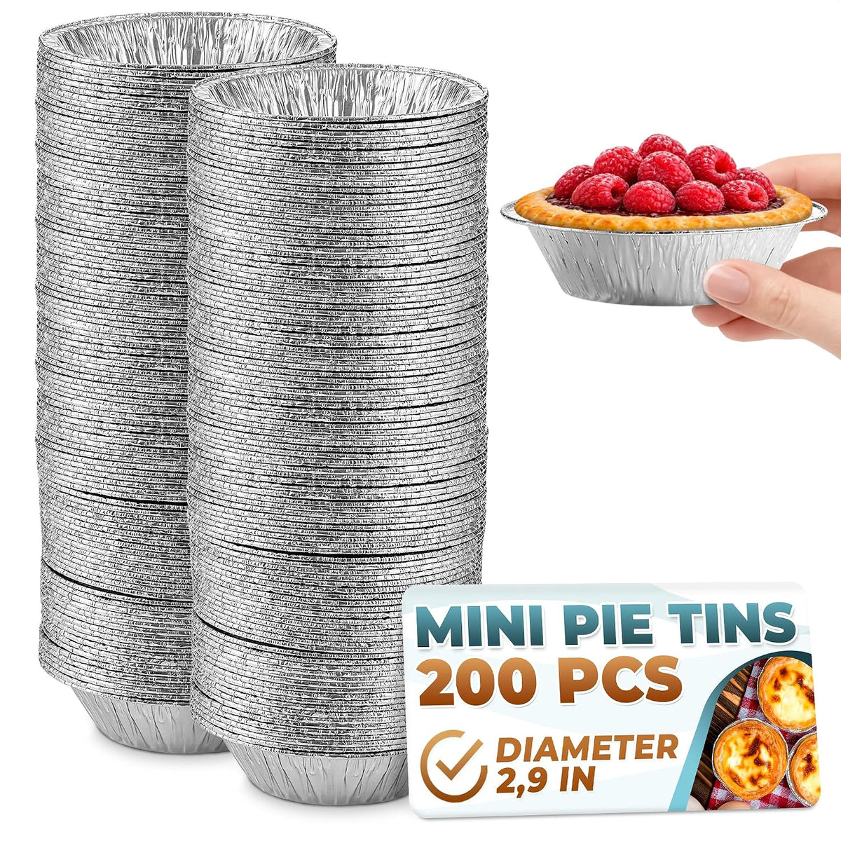 LEGLO Mini Pie Tins 3 Inch, 200 Pack Small Disposable Aluminum Foil Pans | Mini Tart Pans Hold Desserts and Catering Portions - Durable, Stackable, Oven Safe, Freezer Safe, Ready for Meal Prep Batches