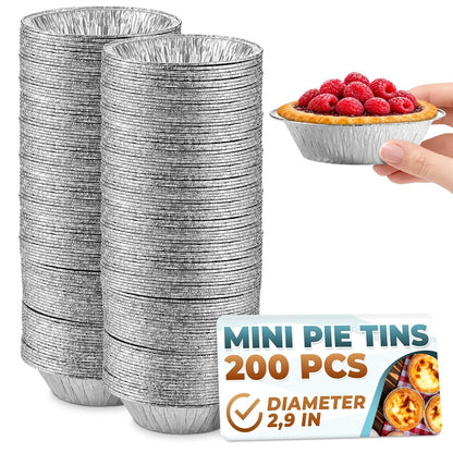 LEGLO Mini Pie Tins 3 Inch, 200 Pack Small Disposable Aluminum Foil Pans | Mini Tart Pans Hold Desserts and Catering Portions - Durable, Stackable, Oven Safe, Freezer Safe, Ready for Meal Prep Batches