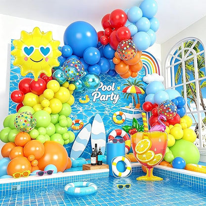 Amandir 165Pcs Summer Beach Pool Party Balloons Decorations Splash Tropical Balloon Arch Garland Kit, Foil Wine Glass Sun Colorful Balloons for Hawaiian Luau Holiday Swimming Birthday Party Backdrop