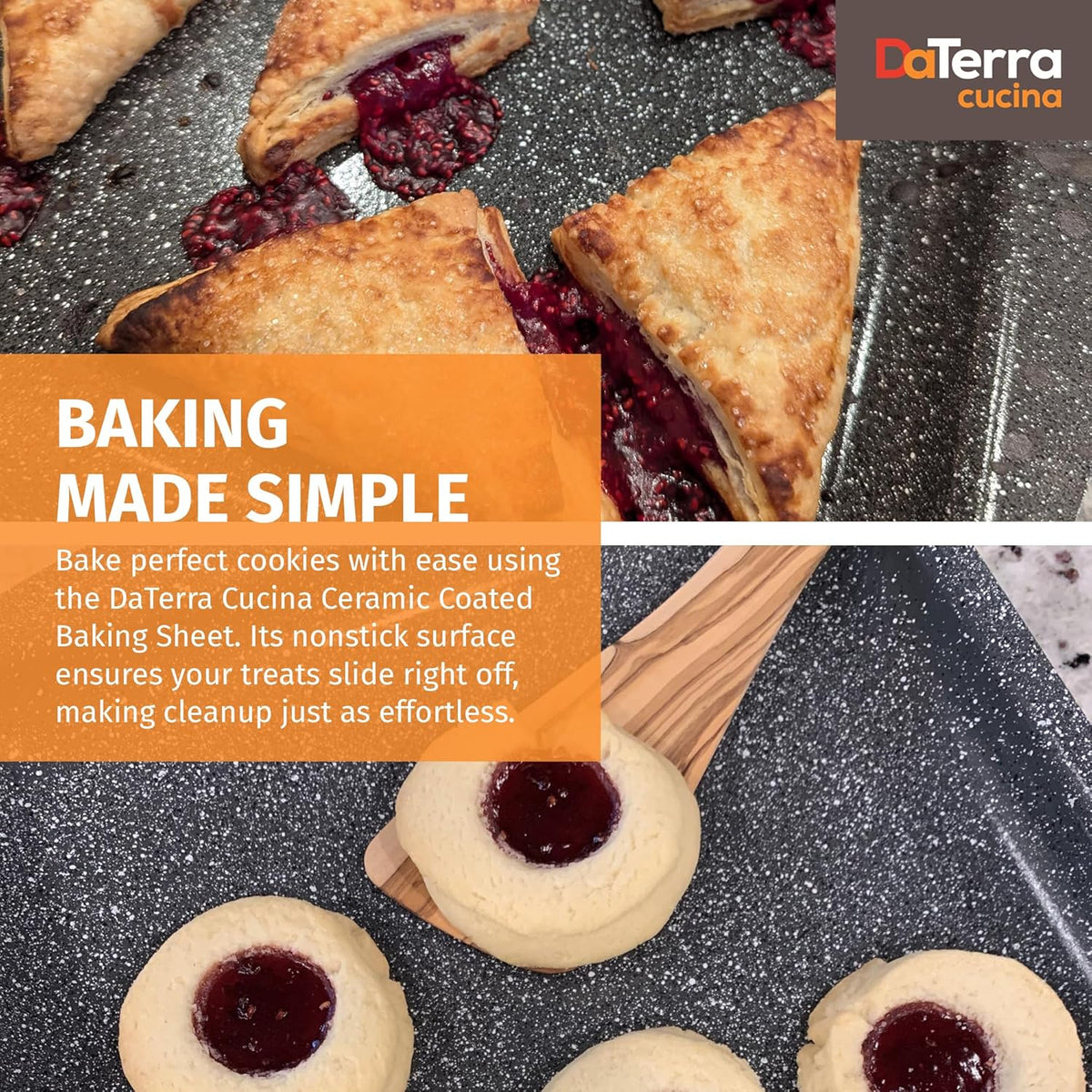 DaTerra Cucina - Nonstick Ceramic Coated Baking Sheet Twin Pack – 16" x 11" x 1" Professional Grade, PTFE, Cadmium, Lead & Pfoa Free, Oven Safe