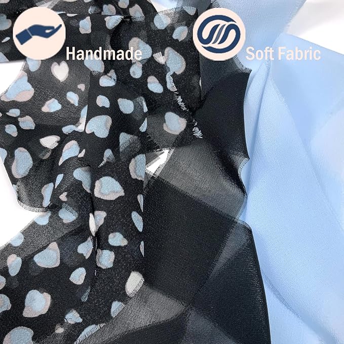 Chiffon Ribbon, 3 Rolls Handmade Floral Fringe Chiffon Silk Ribbons, 1.5" x 7 Yards Blue Leopard Ribbons Set for Wedding Invitations, Bridal Bouquets, Gifts Wrapping, DIY Crafts Decoration