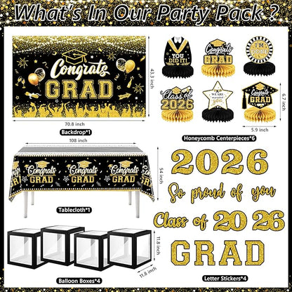 Graduation Decorations Class of 2026 Congrats Grad 2026 Party Supplies Include Backdrop Tablecloth Balloon Boxes with Letters Honeycomb Centerpieces Balloon Arch Kit Foil Balloons (Black and Gold)