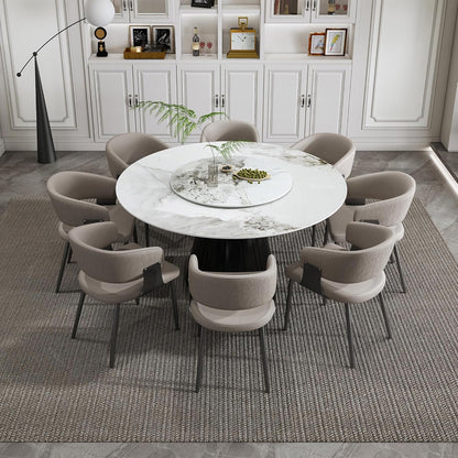 Montary 9 Piece Dining Table Chairs Set, Modern Dining Table Set of 8, Includes 59" D Marble Round Table with Black Metal Cone Base, 8 Gray Texture Dining Chairs for Home, Kitchen