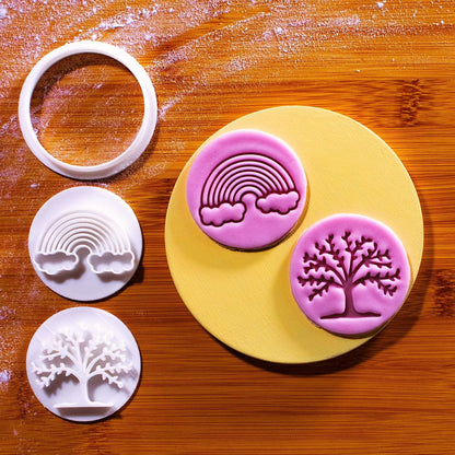 Bakerlogy New Beginnings - Mini 2" Cookie Cutter & Stamp Set - Rainbow & Lush Tree Design for Easter & Spring Cookies, Cupcakes & Fondant Decorations