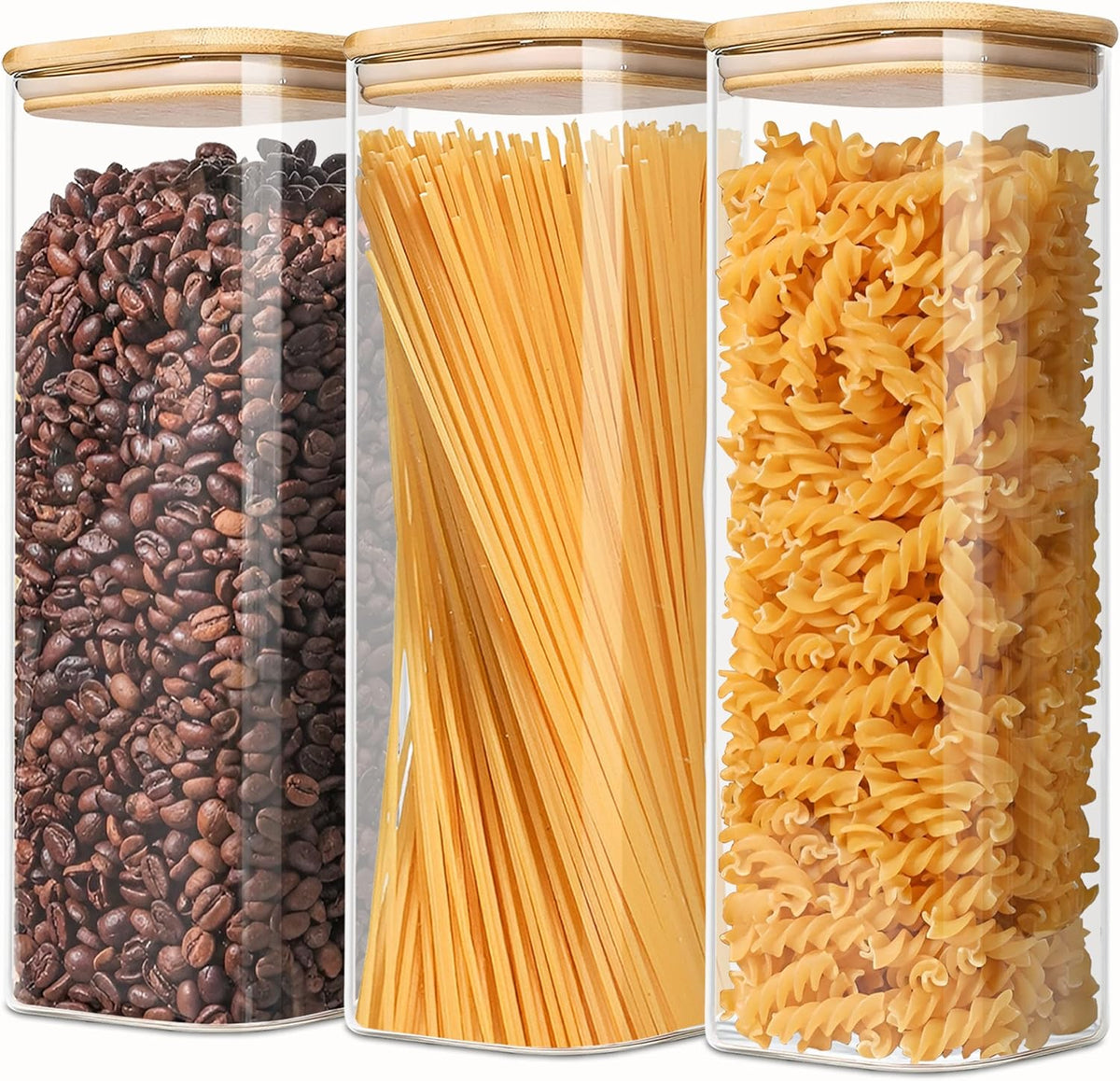 2.2 Qt Square Glass Storage Containers with Lids, Clear Food Storage Container Jar with Sealing Bamboo Lid Storage Containers for Pasta, Oats, Coffee