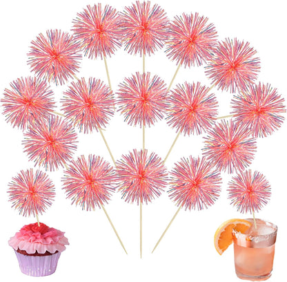 Ephlyn 30Pcs Foil Firework Cupcake Toppers Sparkle Tinsel Cupcake Picks Happy Birthday Cake Decorations Drink Stirrers Cocktail Food Fruit Toothpicks for Baby Shower Graduation Party Supplies Orange