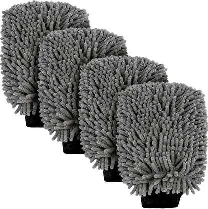 Car Wash Mitt Microfiber, Premium Chenille Microfiber Wash Car Mitts Sponge Scratch Free & Lint-Free, Mitts Waterproof Lining 4 Pack Gray(8''X12'')