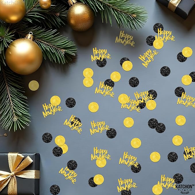 KatchOn, Glitter, Gold and Black Happy New Year Confetti - Pack of 200 | New Years Confetti 2026, New Years Eve Party Supplies 2026 | NYE Table Decorations | Happy New Years Decorations 2026
