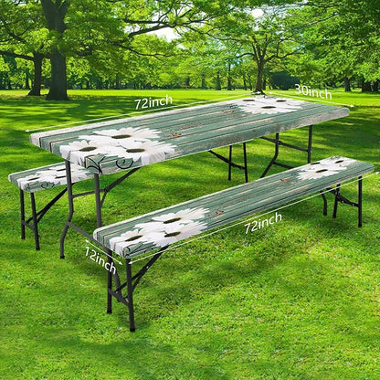 Picnic Table Cover with Bench Covers Daisy Flowers Wooden Floral Waterproof Windproof Fitted Outdoor Tablecloth with Elastic Rectangle Table Cloth Camping Accessories,96x30 Inch