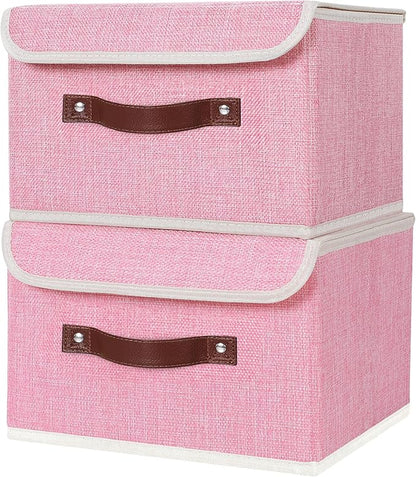 ANMINY 4PCS Storage Bins with Lid PU Leather Handles Storage Boxes PP Plastic Board Decorative Foldable Lidded Cotton Linen Fabric Home Cubes Baskets Closet Organizer Containers - Pink, Small Size