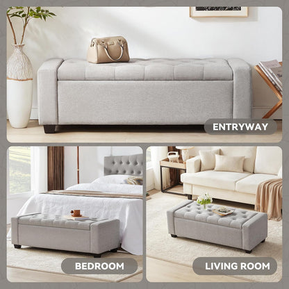 48" Ottoman with Storage, Large Storage Ottoman Bench for Bedroom with Safety Hinge, Upholstered Window Benches, End of Bed Bench for Living Room, Entryway Bench with Seating, LightGray