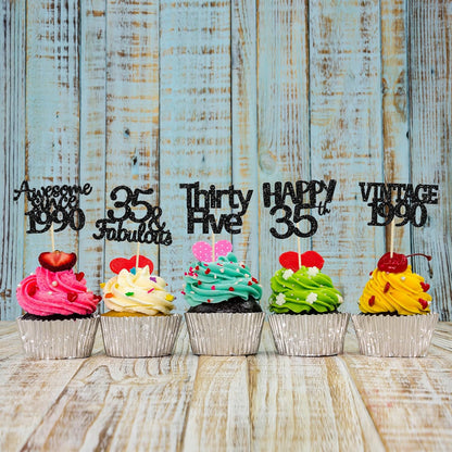 Gyufise 30 Pack Vintage 1989 Cupcake Toppers Black Glitter Thirty Five Happy 35 Cake Decorations Cheers to 35 Years Birthday Cupcake Picks 35th