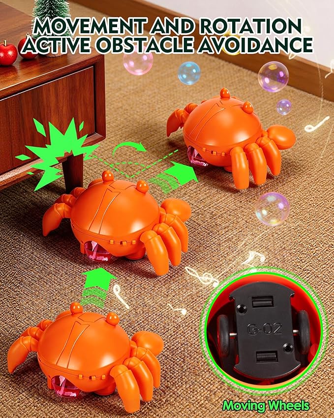 Bubble Machine for Kids, 360° Rotating Crab Bubble Blower with Music & LED Lights, USB-C Rechargeable, Auto Obstacle Avoidance, Portable Bubble Maker Toy for Toddlers Indoor Outdoor Birthday Gift