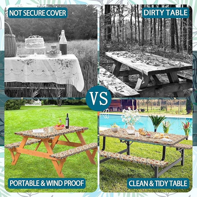 JAWO Boho Floral Picnic Table Covers with Bench Covers, Fall Autumn Flowers Tablecloth, Outdoor Table Cover Set, Patio Camping Picnic Table Protector, 72x30 Inch