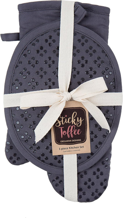 Sticky Toffee Oven Mitt and Pot Holder Set of 3 – Gray Non-Slip Kitchen Hot Pads and Mitts with Silicone Grip, 100% Cotton Shell, Oeko-Tex Cotton