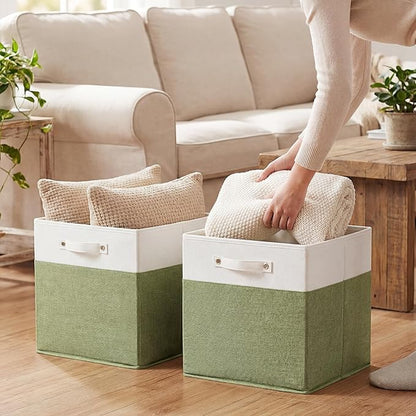 FinishingBo 13x13x13 Inches Fabric Storage Bin with Handles, Cube Storage Bins, Storage Baskets for Organizing Shelf Home Closet,6 Pack (White and Green)