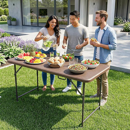 PayLessHere | 4FT Folding Table | Portable Plastic Table with Carry Handle | Waterproof & Foldable Table Design | Steel Frame with Lock | Brown Ratten | for Events, Camping, Indoor & Outdoor Use
