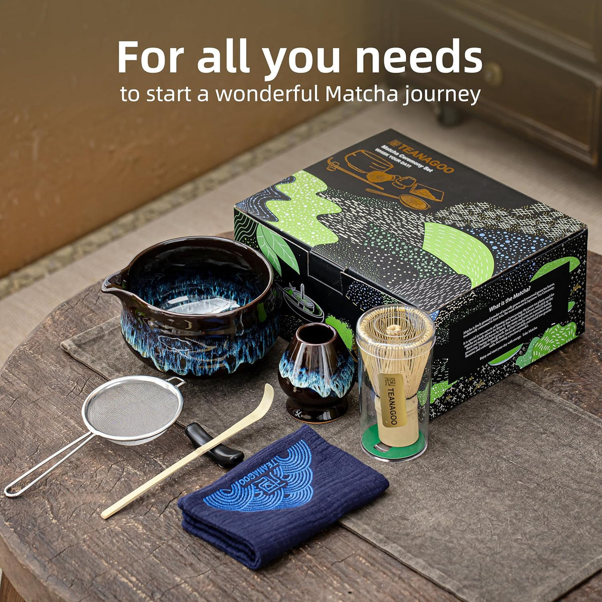 Teanagoo Matcha Whisk Set, 7 Pcs Matcha Set Blue, Matcha Kit for Ceremony, Matcha Tea Set for Making Breakfast/Latte