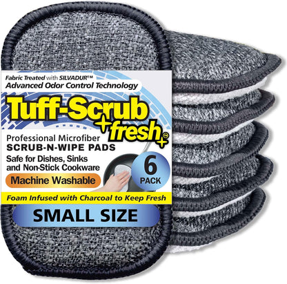 Fresh Scrub-N-Wipe Pad by Tuff-Scrub, 6-Pack, Antimicrobial & Charcoal Foam for Odor Control, Microfiber, Multi-Surface, Non-Scratch, Dual-Sided, Machine Washable, Kitchen Sponge (Small)