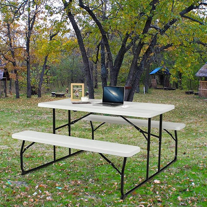 Giantex 4.5 FT Folding Picnic Table Bench Set- Outdoor Dining Set for 4-6 Persons w/All-Weather HDPE Tabletop, Metal Leg, Large Outside Dining Table for Lawn Patio Garden Yard Poolside, White