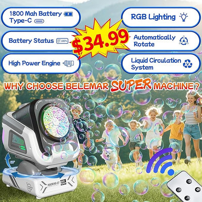 Belemar Upgraded Bubble Machine with Remote Control, Automatic Rotation & RGB Lights, 1800mAh Rechargeable Battery, Type-C Charge, Bubble Maker for Kids, Weddings, Birthday Parties, Outdoor Activities