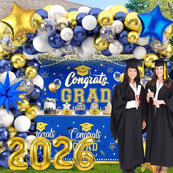 Graduation Decorations Class of 2026 Congrats Grad 2026 Party Supplies Include Backdrop Tablecloth Balloon Boxes with Letters Honeycomb Centerpieces Balloon Arch Kit Foil Balloons (Blue and Gold)