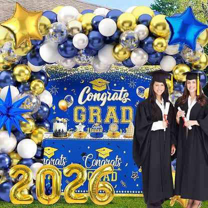 Graduation Decorations Class of 2026 Congrats Grad 2026 Party Supplies Include Backdrop Tablecloth Balloon Boxes with Letters Honeycomb Centerpieces Balloon Arch Kit Foil Balloons (Blue and Gold)