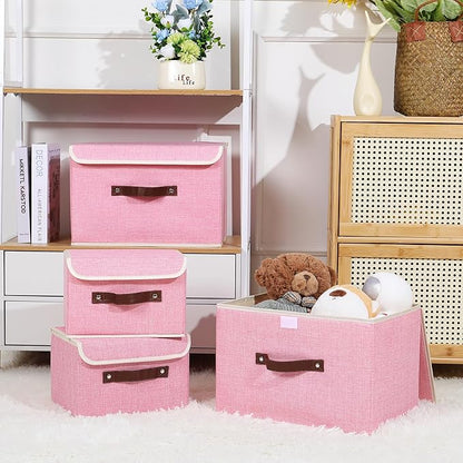ANMINY 4PCS Storage Bins with Lid PU Leather Handles Storage Boxes PP Plastic Board Decorative Foldable Lidded Cotton Linen Fabric Home Cubes Baskets Closet Organizer Containers - Pink, Large Size