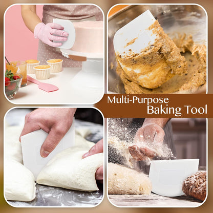 Plastic Bench Scraper for Baking - 2 White Bowl Scraper - Flexible Food Safe Dough Scraper Multipurpose Good Grip Curved and Flat Edge Dough Cutter