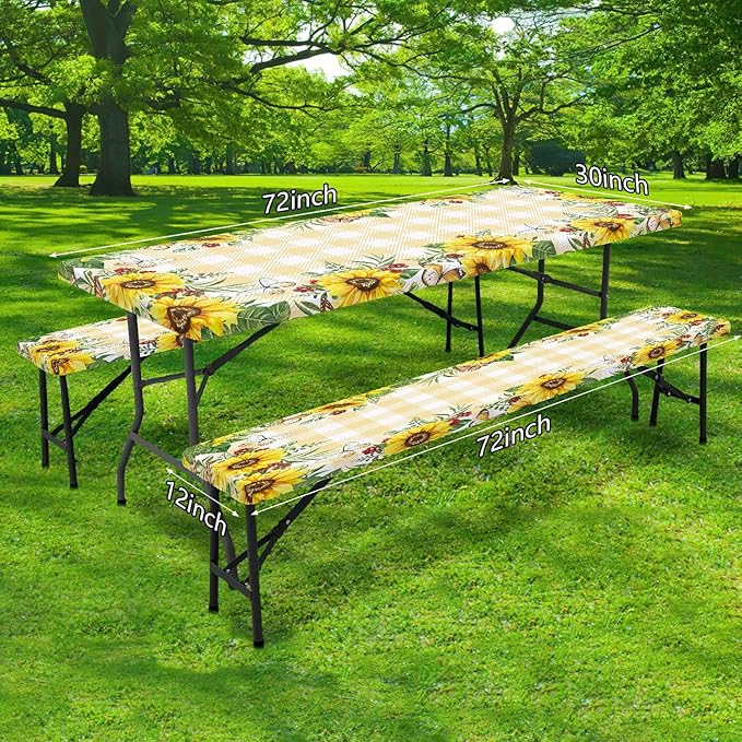Sunflower Picnic Table Cover with Bench Covers, Fall Yellow Buffalo Plaid Summer Floral Farmhouse Waterproof Tablecloth for Camping Indoor Outdoor Party Decorations, 30X96in